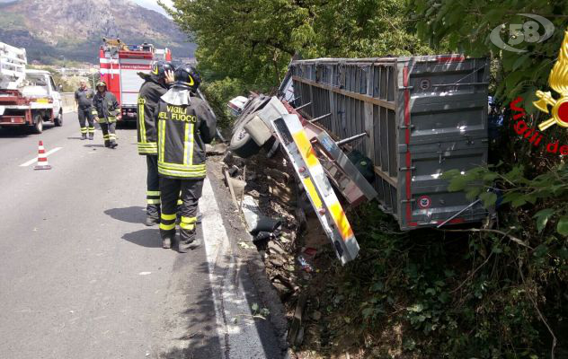 Tir finisce fuori strada e si ribalta: autista vivo per miracolo