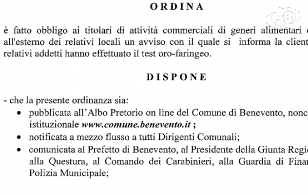Covid 19. Mastella firma l'ordinanza: obbligatorio per i generi alimentari affiggere l'avviso di effettuazione tamponi