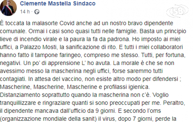 Dipendente comunale positivo, tamponi negativi per gli altri. Mastella: sabato provvedimenti restrittivi